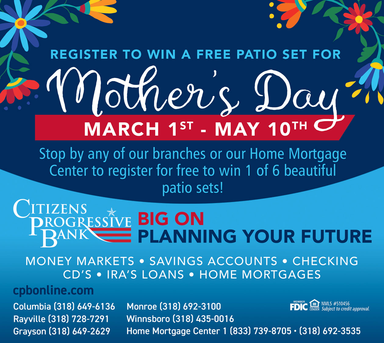 Register to win a free patio set for Mother's Day